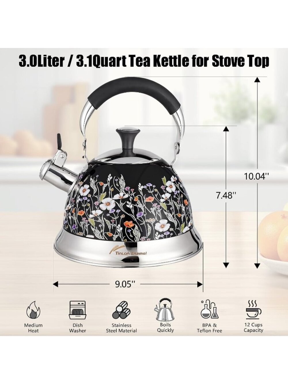 Black Field Flower 304 Stainless Steel Whistling Tea Kettle 3.1 Quart Stovetop - Picture 6 of 7